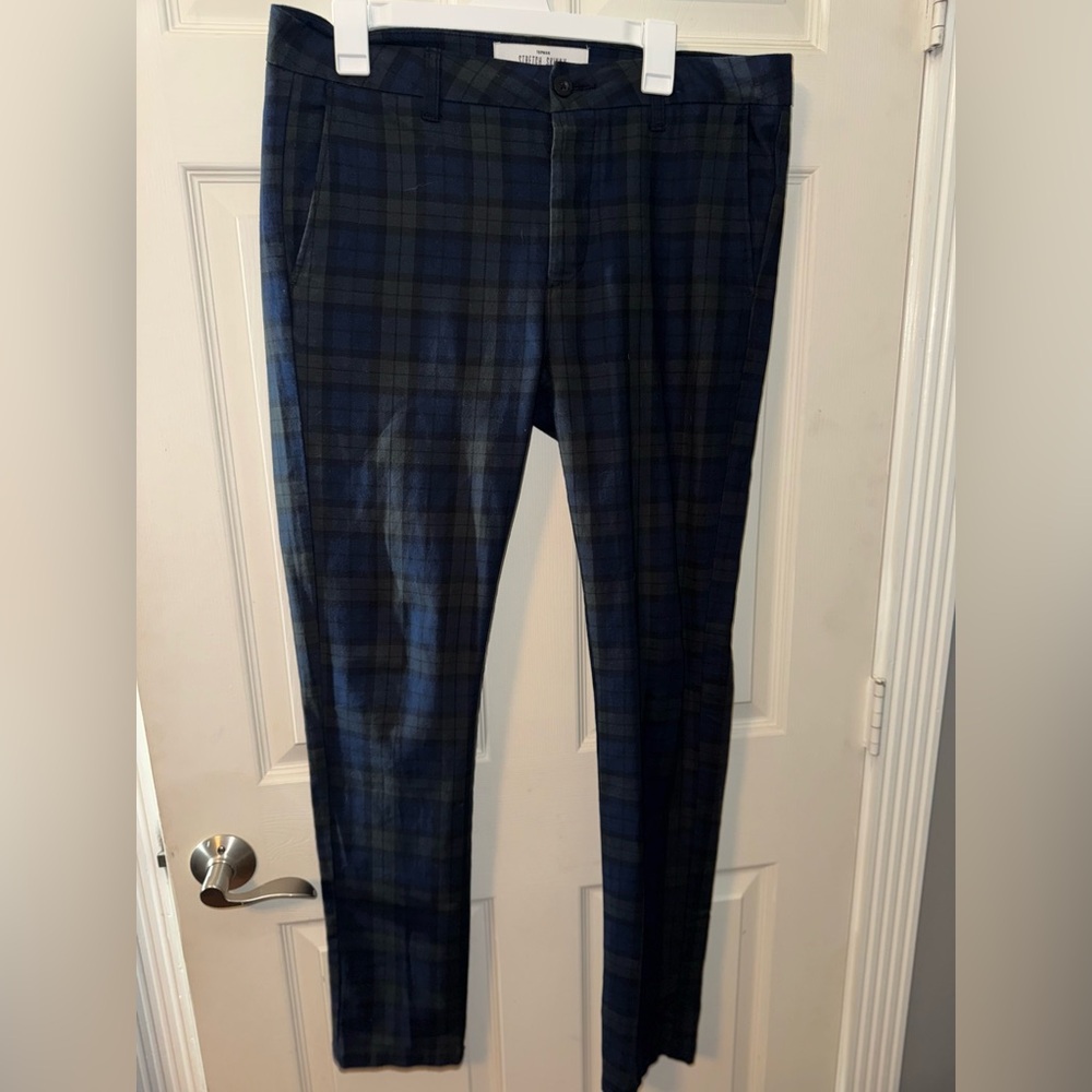 Men's Blue Green Tartan Plaid Skinny Pants 34/32
